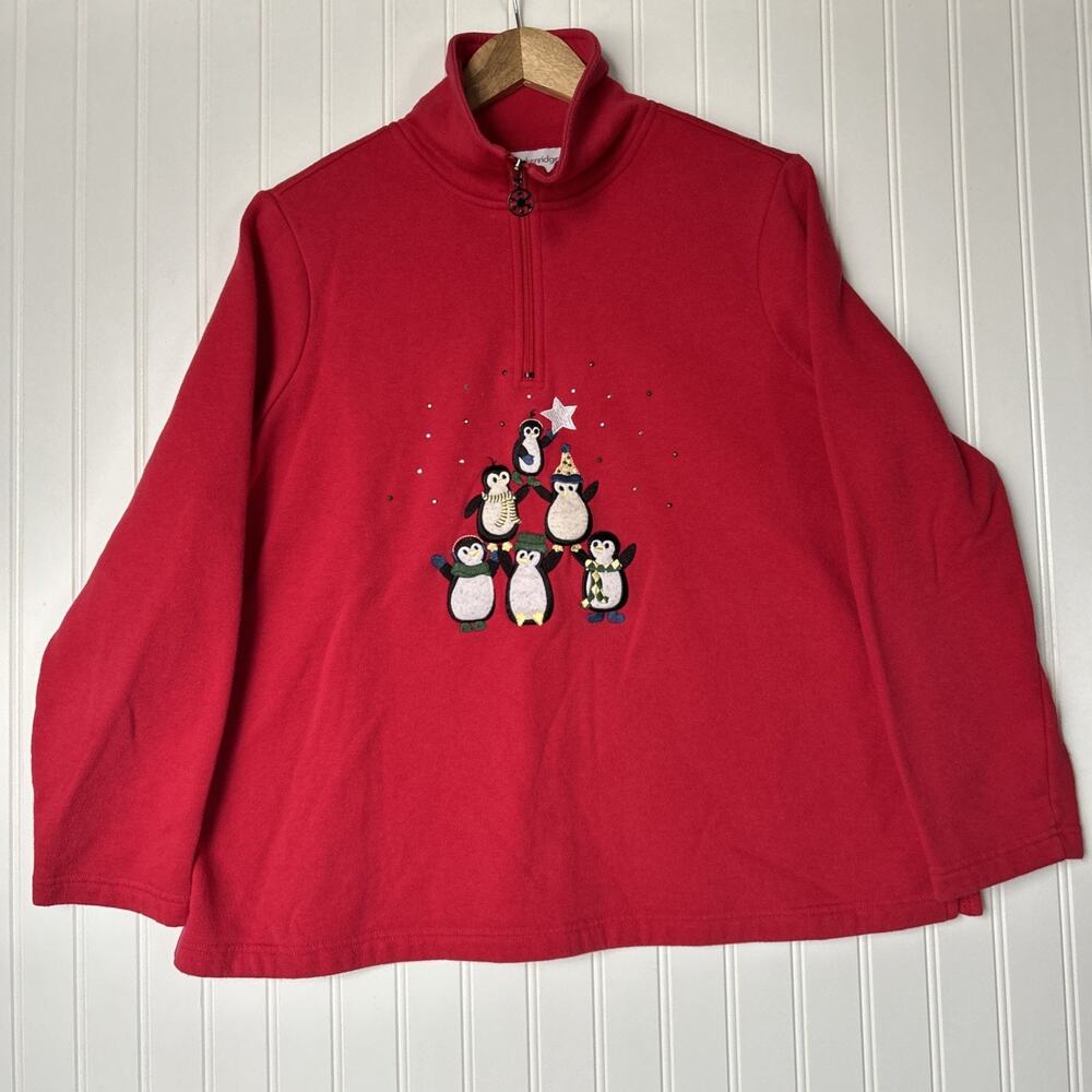 Breckenridge Red Christmas Sweater Women’s 1X Penguins 1/4 Zip Pullover